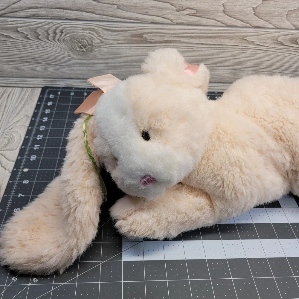 Aurora Lying Plush Bunny Rabbit Cream Pink Bow Hidden Zipper Pouch Animal Easter